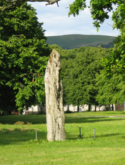 Cwrt-y-Gollen standing stone on 11th June 2011.  We pulled the car into the side of the wide drive to the gateway, and while taking film and photos I was hooted by stern-looking military men passing in a jeep! (No way was I going to trespass!)