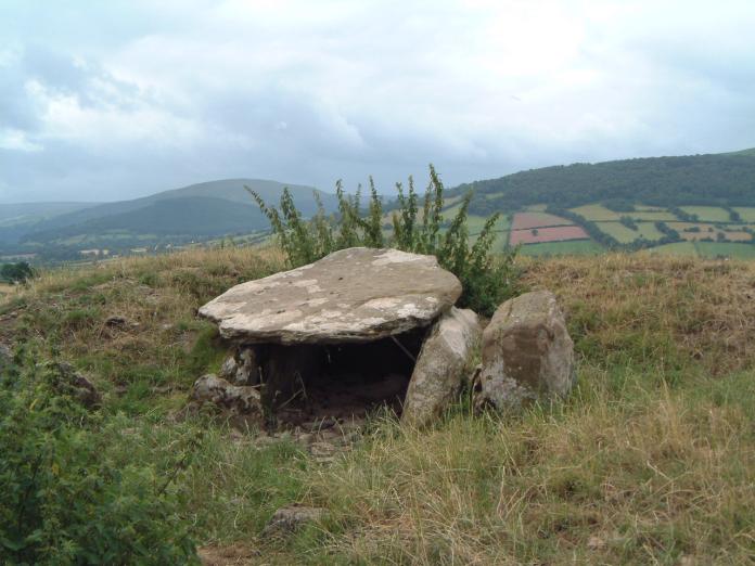 SO 0984 2637
A Black Mountains group long cairn measuring 75’ by 51’ with a rectangular N-facing burial chamber set off-centre. It has 3 wallstones and a sloping capstone and was over 4' high but the floor level has risen over the years so that the clearance is now under 3'. The chamber opens on to a rectangular forecourt.