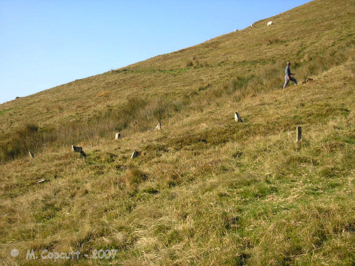 On the southern slopes of Craig-Y-Fan Ddu are a group of stones, which reminded me very much of the Exmoor stone settings. 
Seen here looking up the hill from the southeast. 